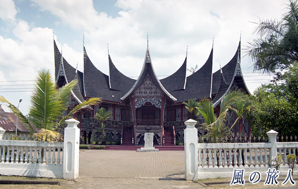 特徴的な屋根を持つ伝統的家屋の写真　インドネシア