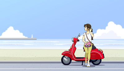 離島をスクーターで旅するイメージ（＊イラスト：kaeru-yaさん）