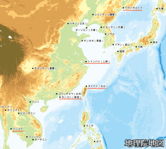 ユーラシア大陸横断　アジアの出発地の地図