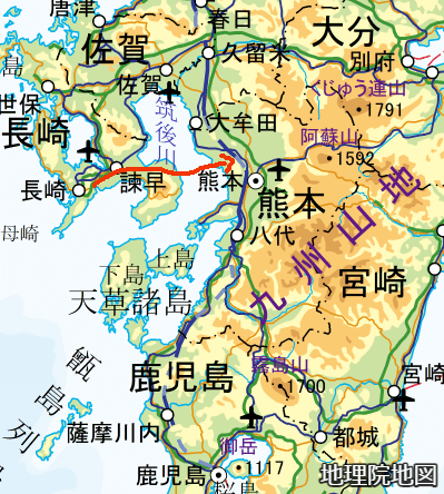 九州西部の地図（国土地理院地図）