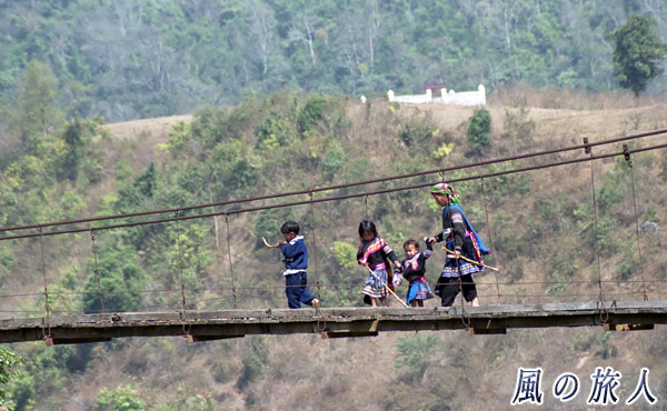 ベトナム　つり橋を渡るモン族の家族の写真