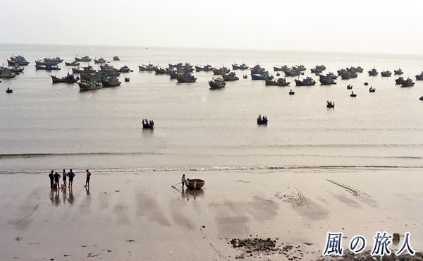 ベトナム　ムイネの浜と漁船の写真