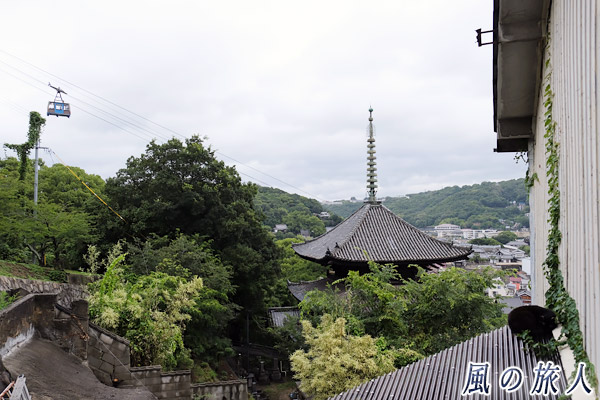 尾道　天寧寺三重塔とロープウェイと黒猫の写真